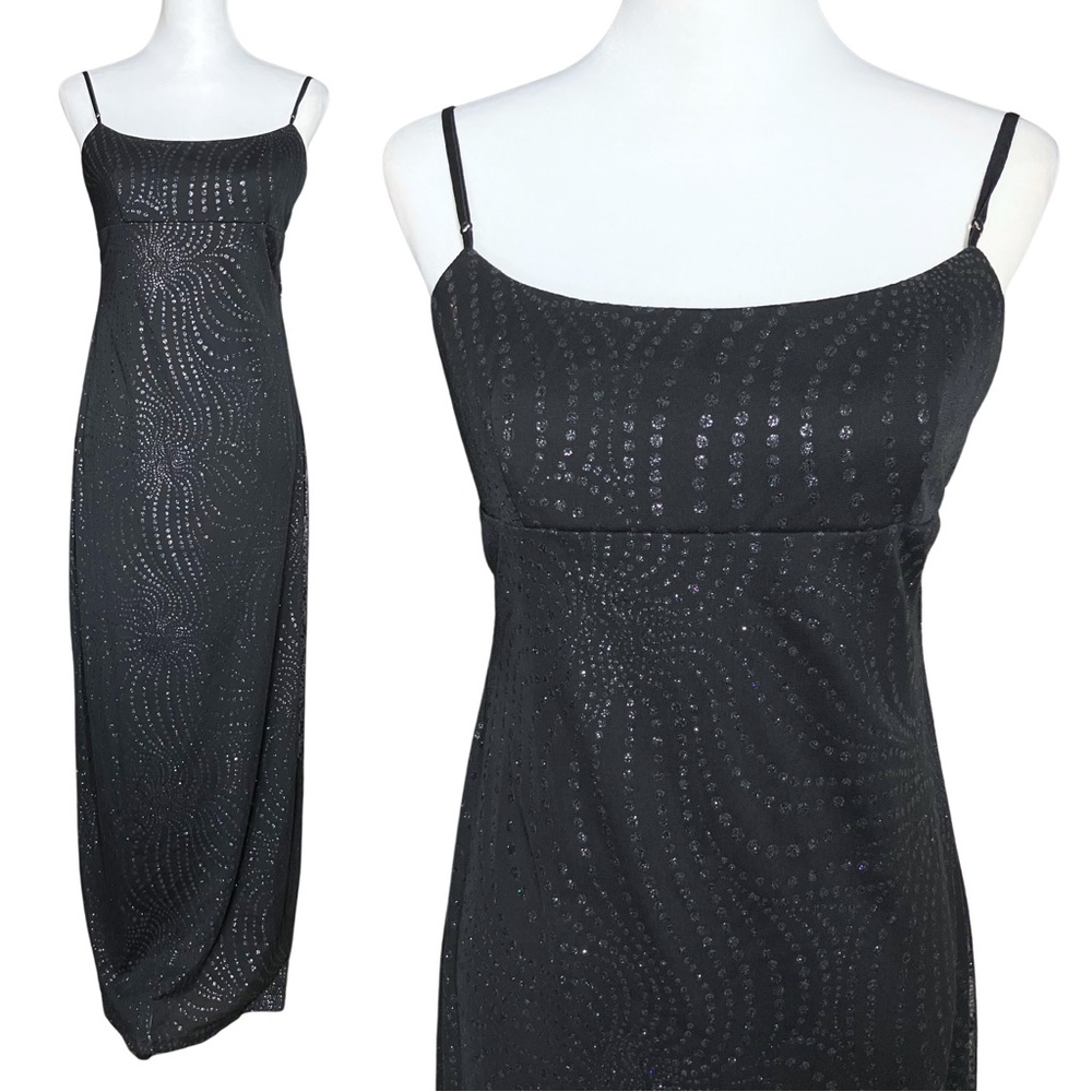 90s Vintage Black Whimsigoth Prom Dress. Medium. Empire Waist Polka Dot Glitter